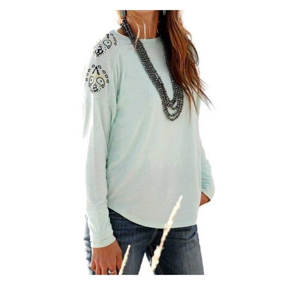 Cruel Denim Women's Long Sleeve Embroidered Sleeve Rib Knit Shirt